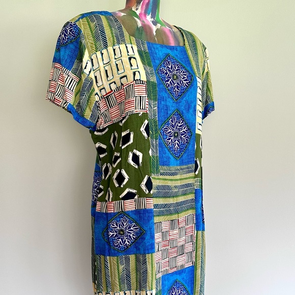 🌎VINTAGE Abstract Graphic Boho Print Blue Green Dress - Picture 4 of 8